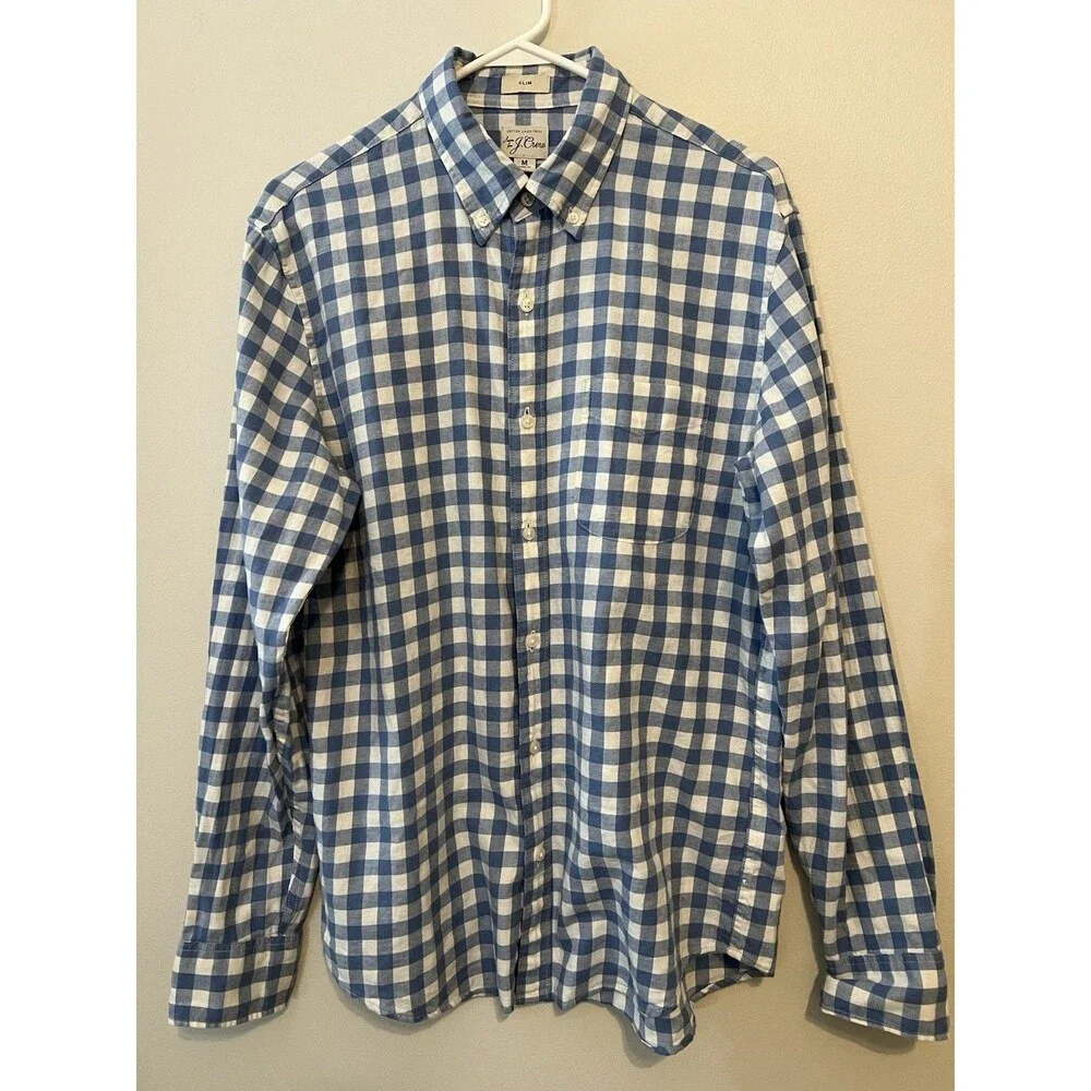 J.Crew Men's Slim Fit Gingham Long Sleeve Button-Down Shirt blue and white Med